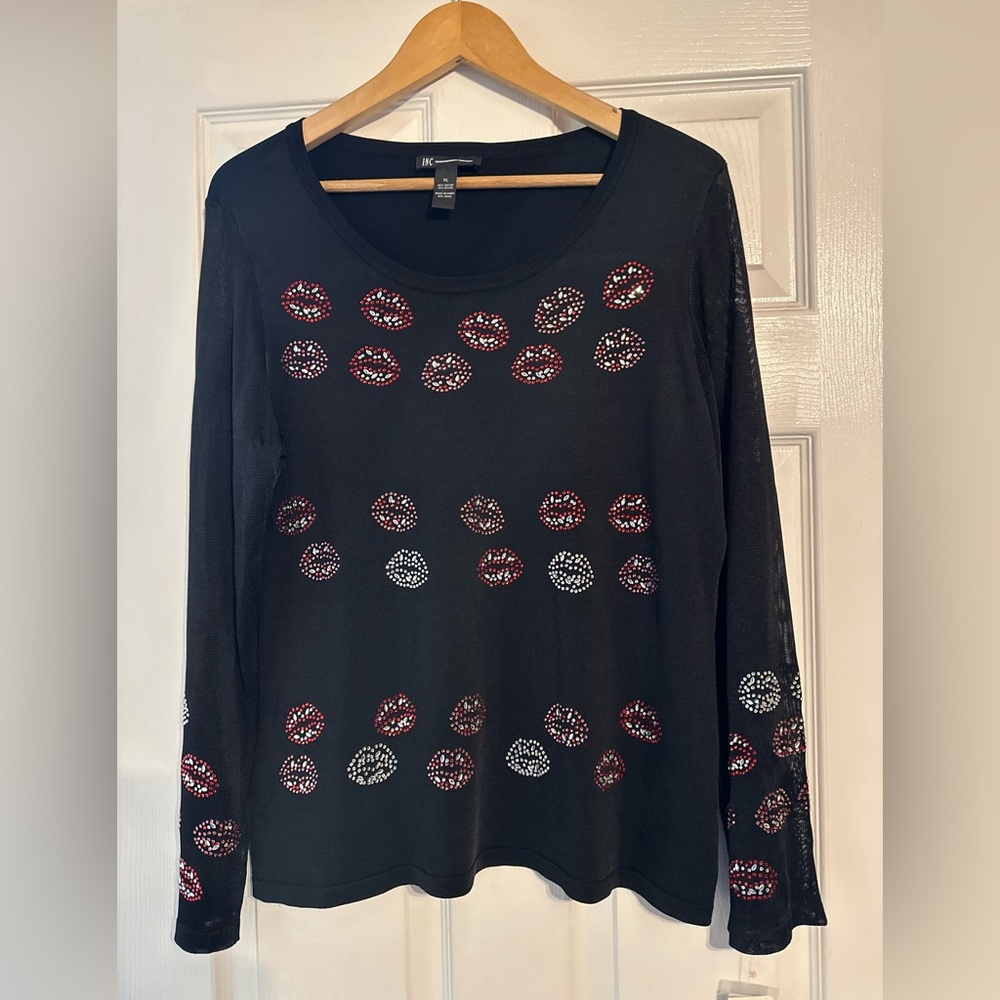 INC International Concepts Black Blouse with Red and White Lip Accents